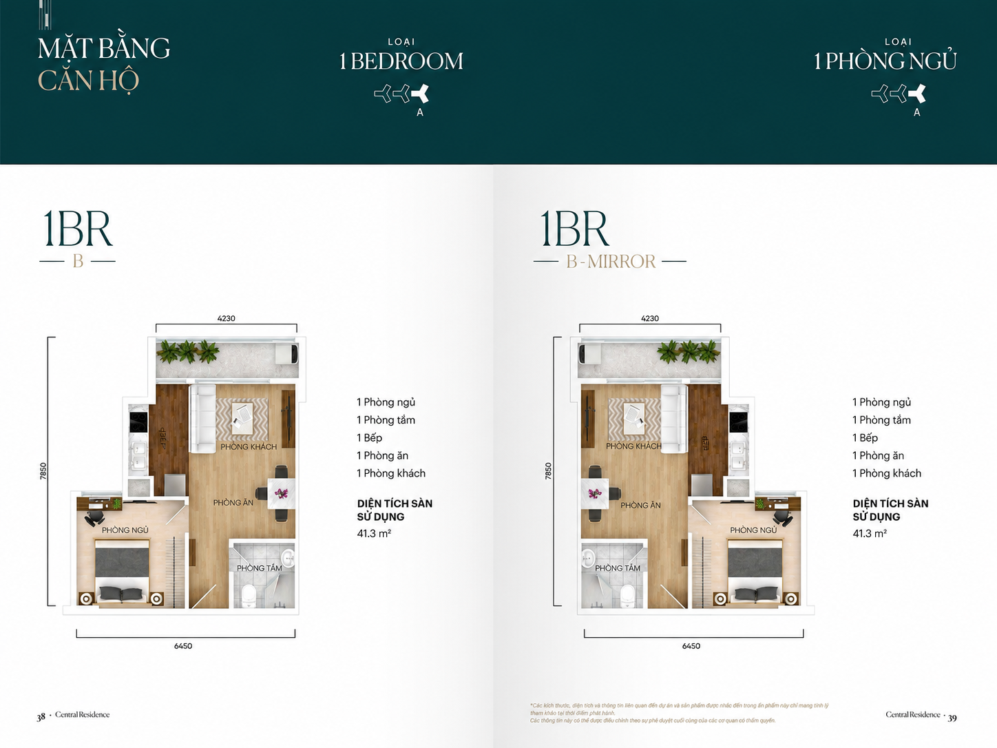 Mặt bằng căn hộ 1 phòng ngủ+ Gamuda Central Park – diện tích 40–42 m²