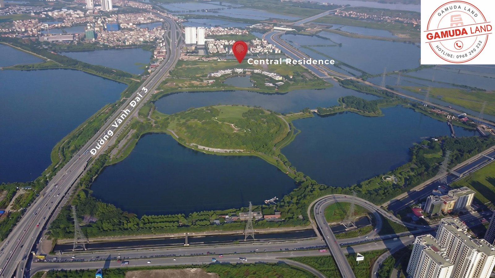 Vị trí phân khu Gamuda Gardens nhìn từ trên cao trong khu đô thị Gamuda City Yên Sở Hoàng Mai Hà Nội – phân khu biệt thự tiếp giáp hồ cảnh quan Gamuda Lakes